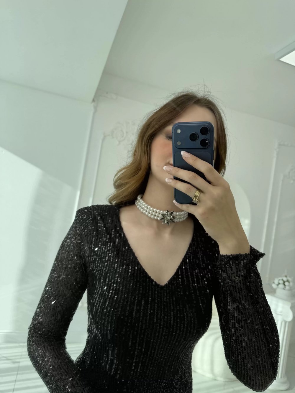 Füme Çiçek Taş Detaylı İnci Choker