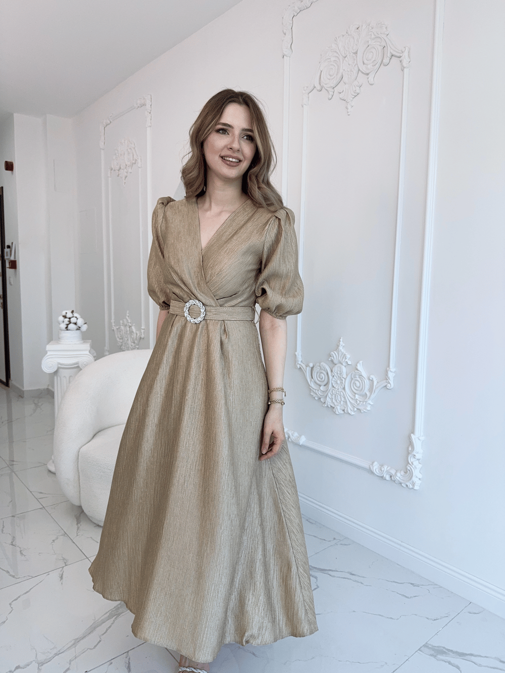 Gold Işıltılı Kemerli Kruvaze Elbise