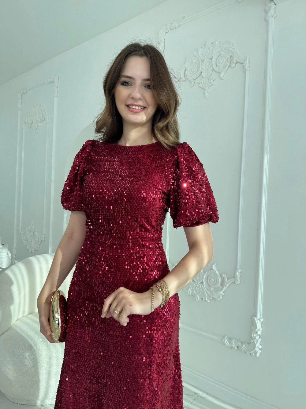 Işıltılı Vatkalı Pul Payet Bordo Elbise