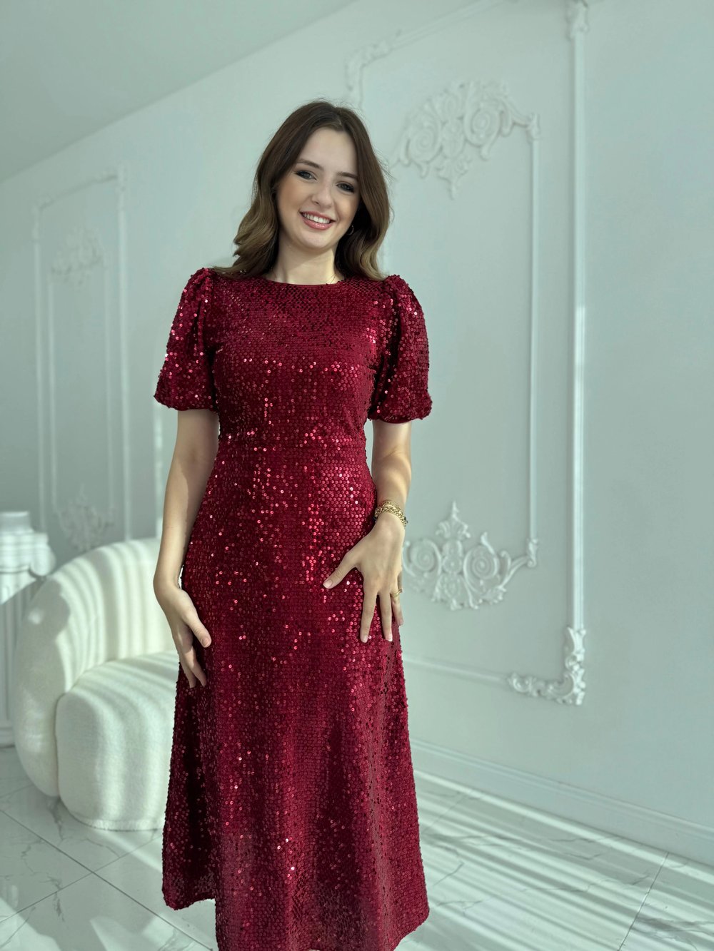 Işıltılı Vatkalı Pul Payet Bordo Elbise