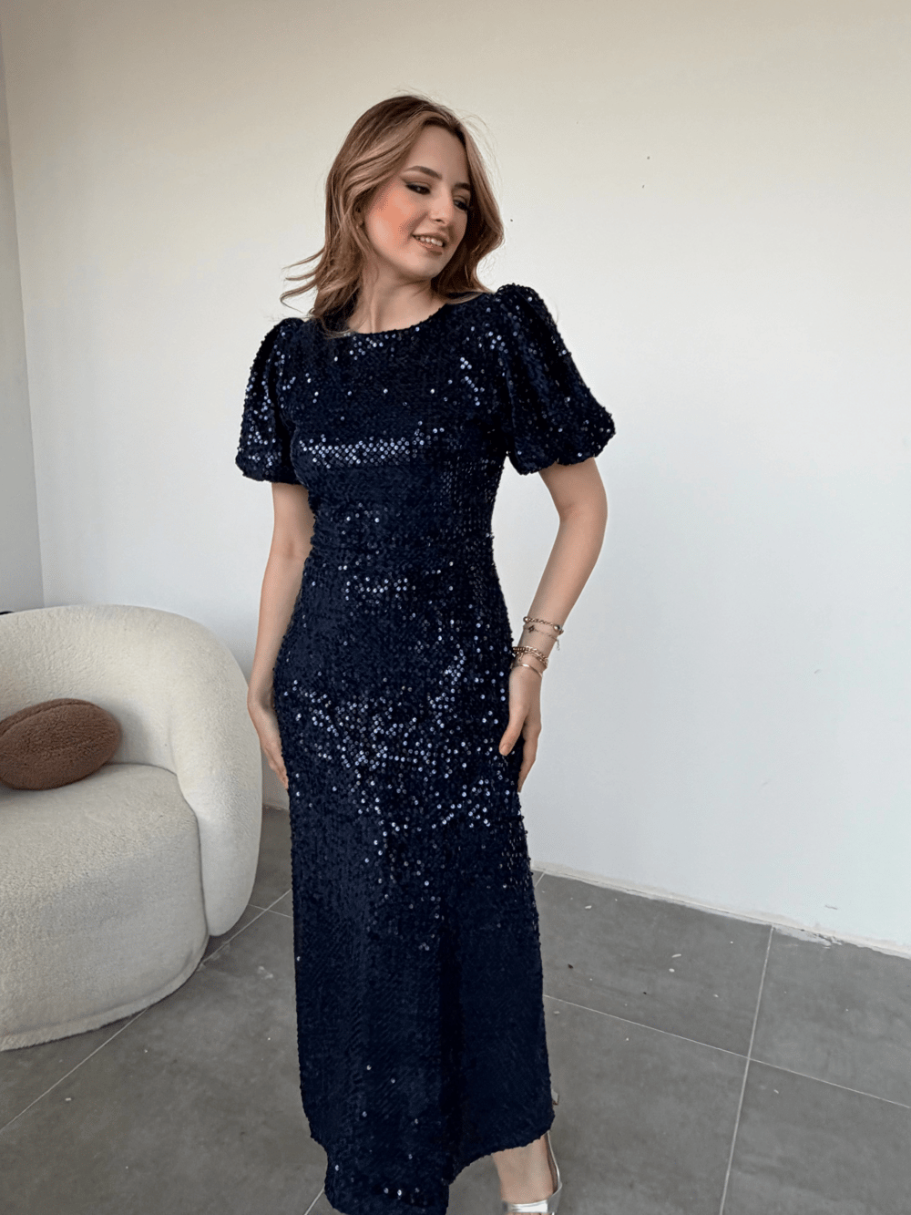 Işıltılı Vatkalı Pul Payet Lacivert Elbise