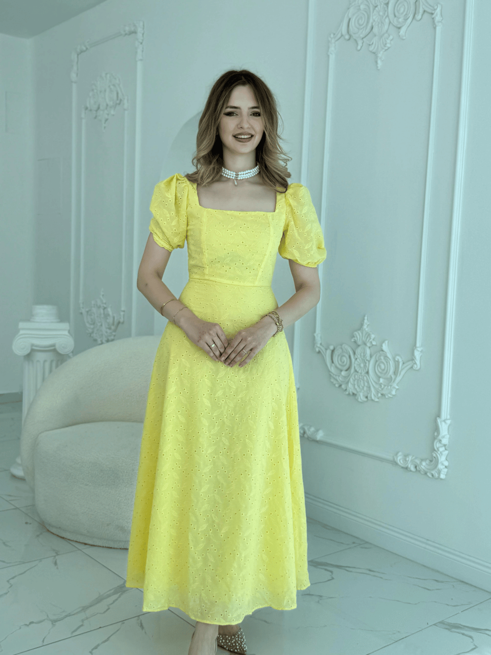 Kare Yaka Balon Kollu Fisto Sarı Elbise