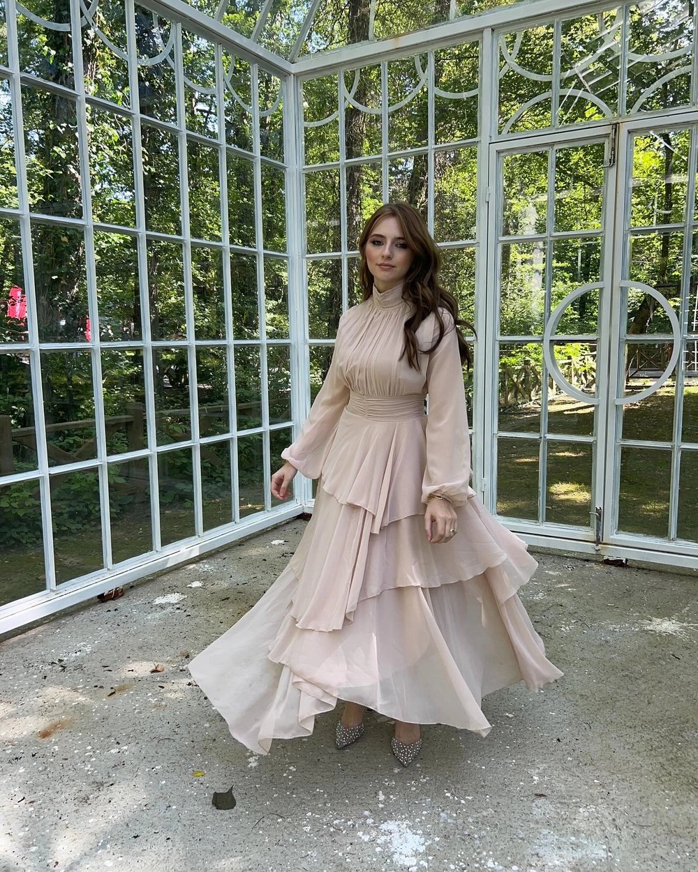 Kat Kat Şifon Bej Rengi Elbise