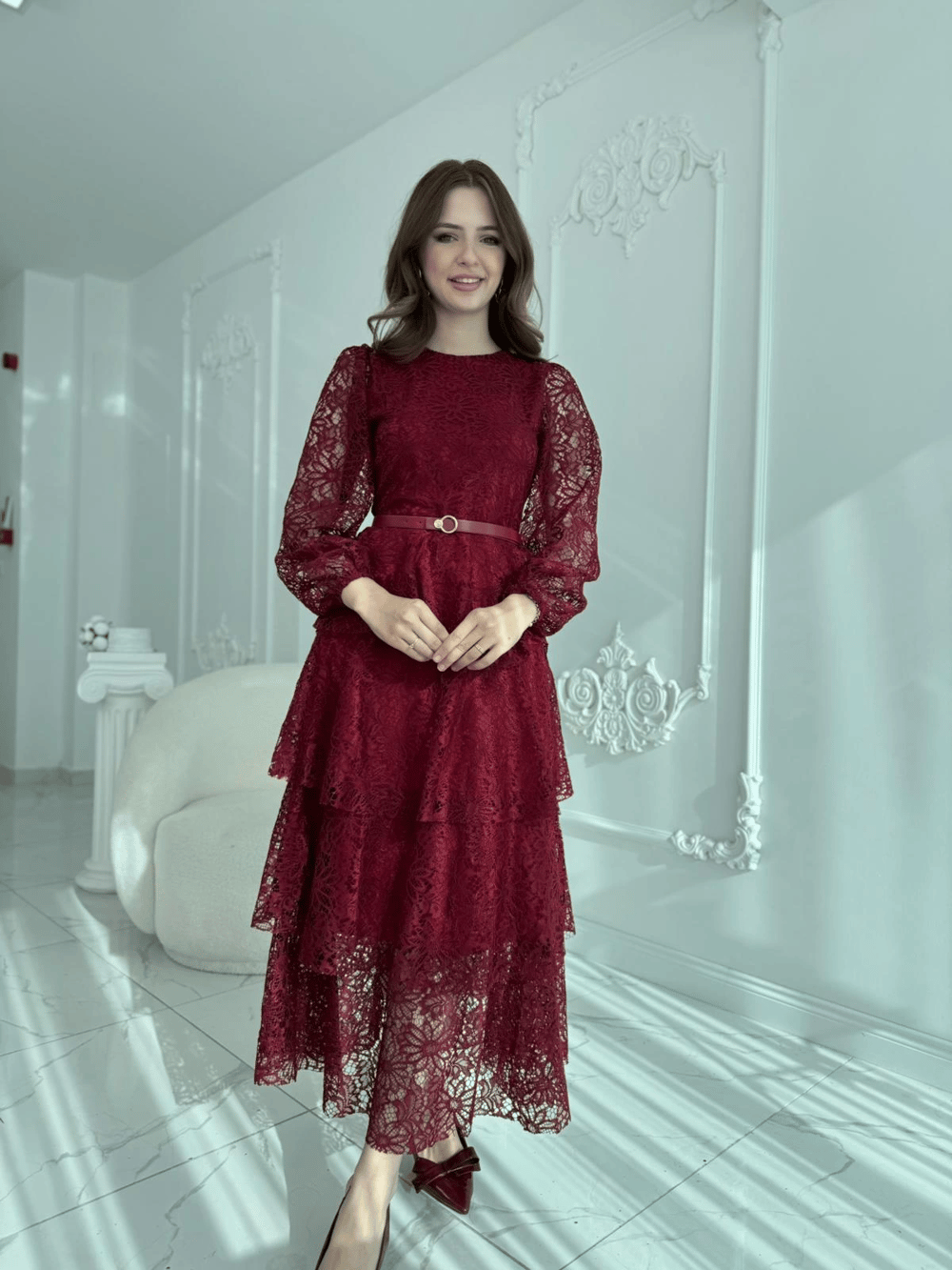Kat Kat Volanlı Dantel Kumaş Bordo Elbise