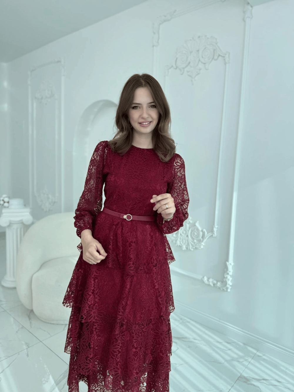 Kat Kat Volanlı Dantel Kumaş Bordo Elbise