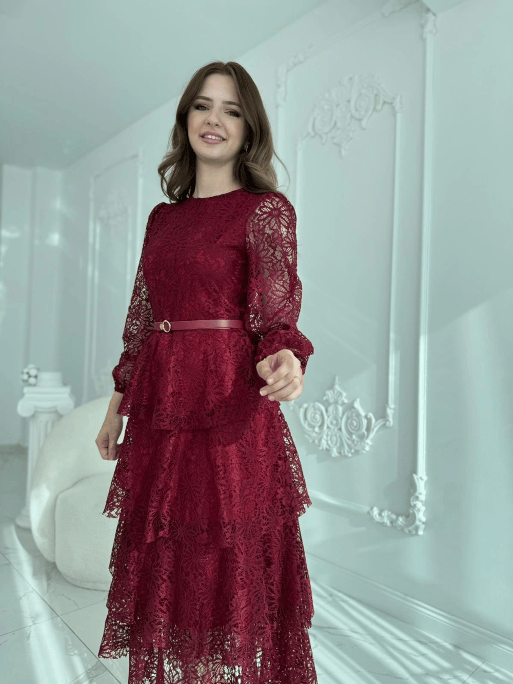 Kat Kat Volanlı Dantel Kumaş Bordo Elbise