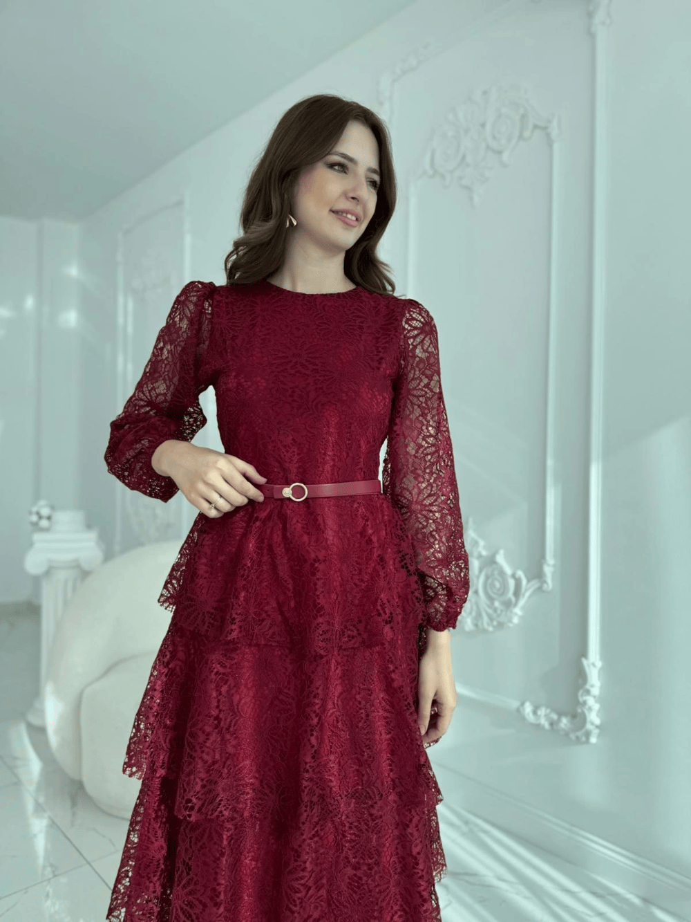 Kat Kat Volanlı Dantel Kumaş Bordo Elbise