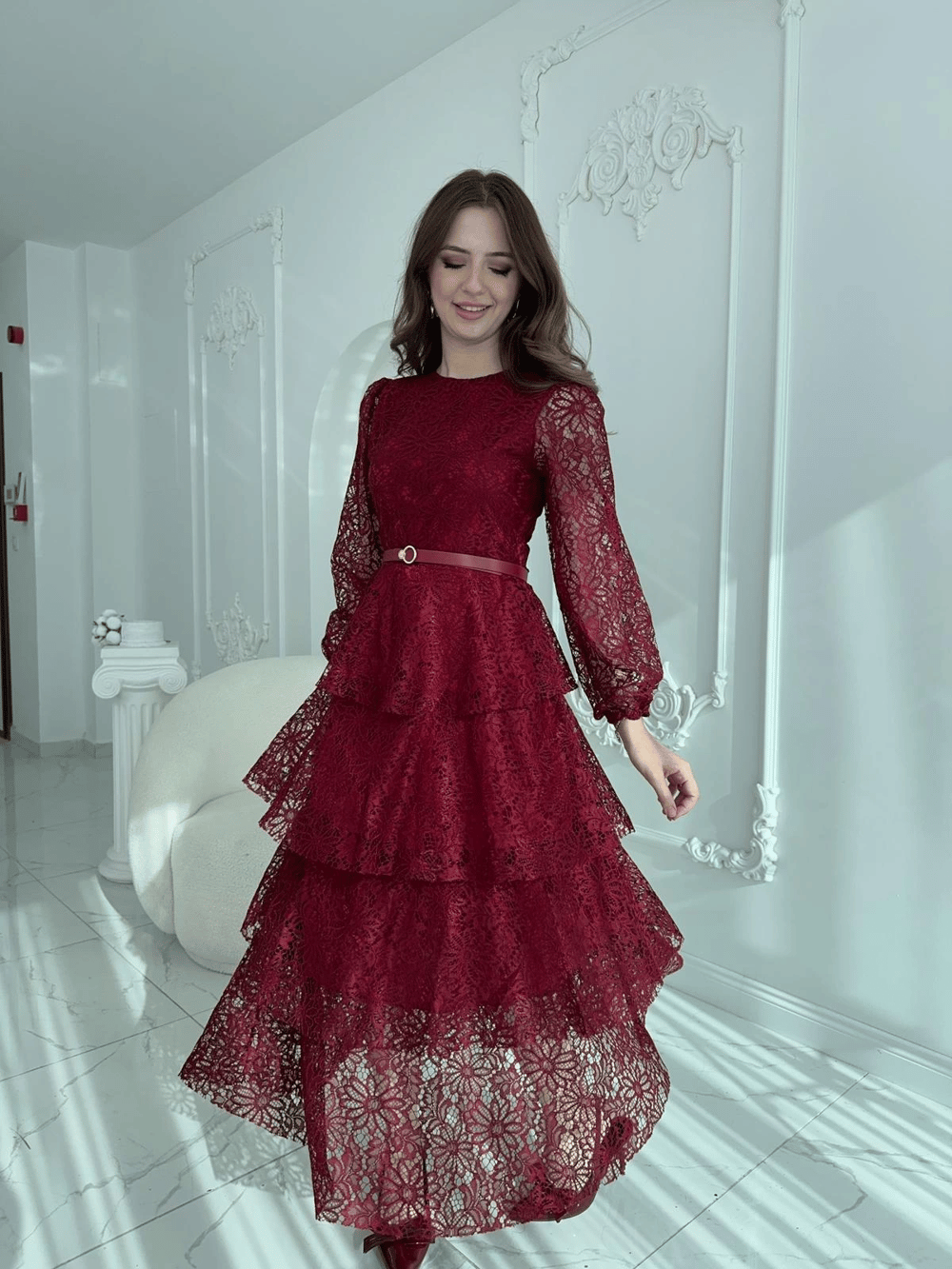 Kat Kat Volanlı Dantel Kumaş Bordo Elbise