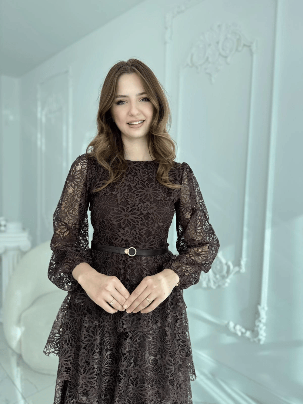 Kat Kat Volanlı Dantel Kumaş Kahve Elbise