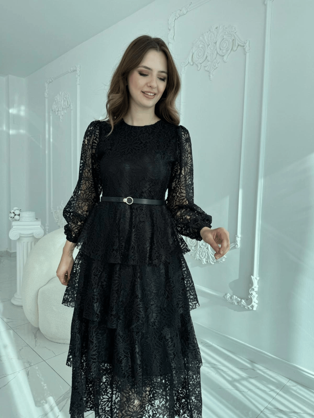 Kat Kat Volanlı Dantel Kumaş Siyah Elbise