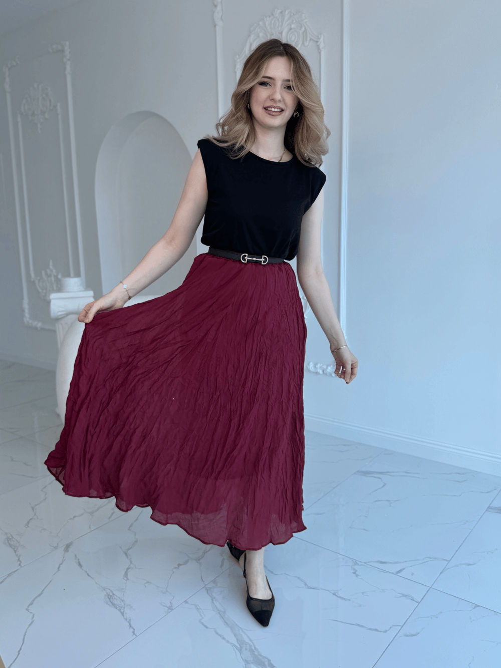 Kırışık Model Bordo Etek