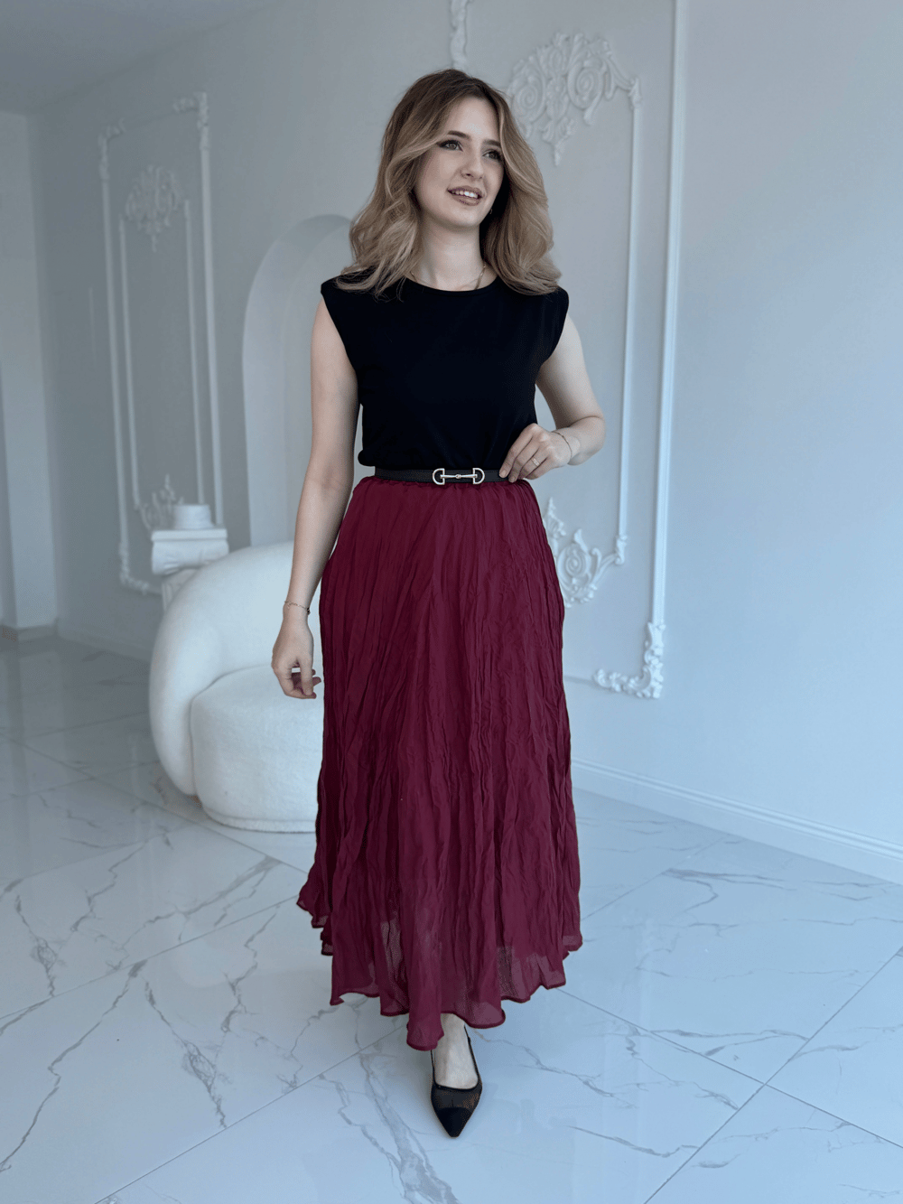 Kırışık Model Bordo Etek