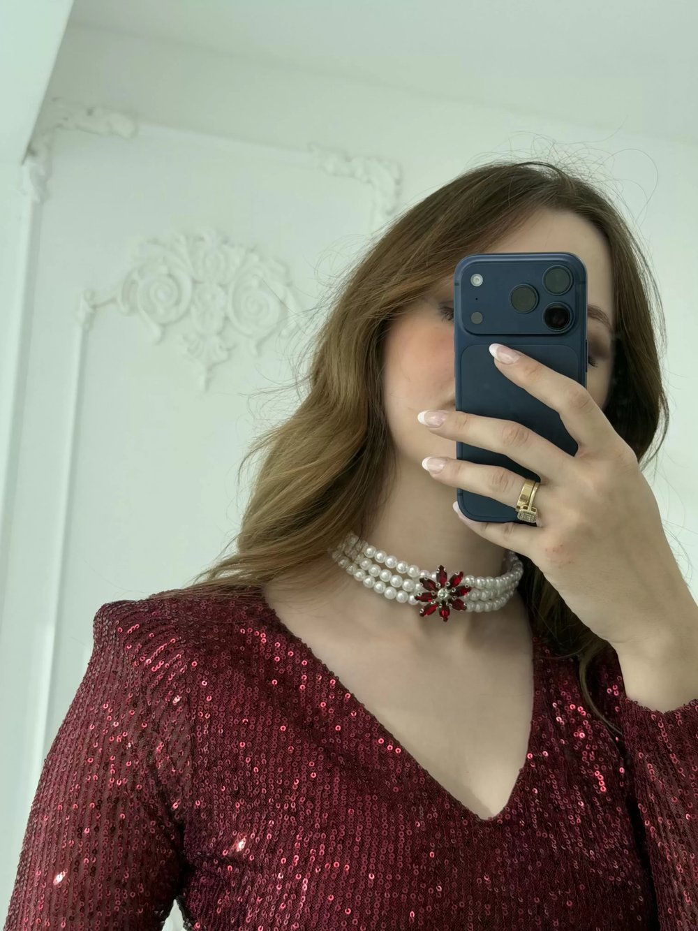 Kırmızk Çiçek Taş Detaylı İnci Choker