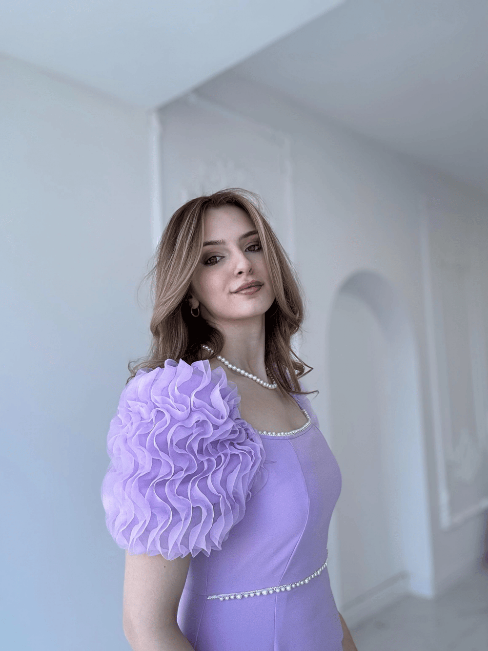 Kol Detaylı Lila Midi Boy Elbise