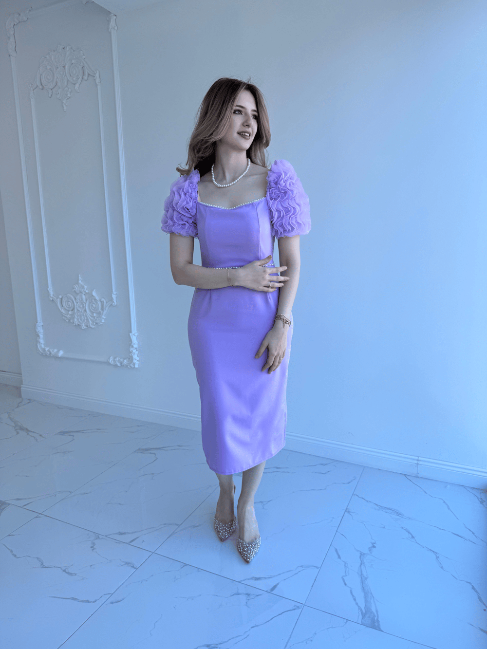 Kol Detaylı Lila Midi Boy Elbise