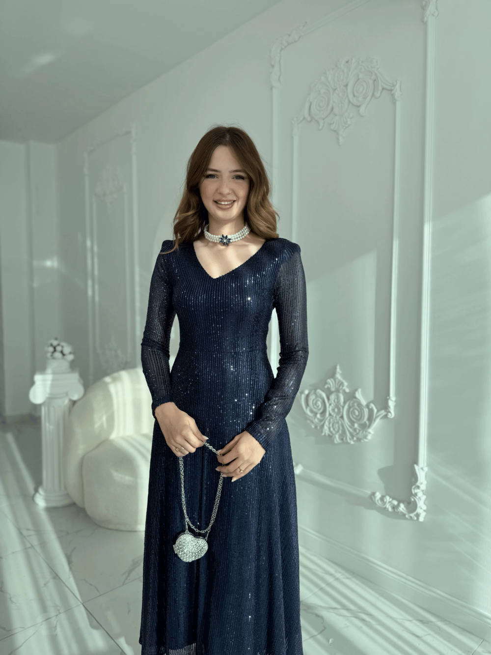 Lacivert Çiçek Taşlı İnci Chocker