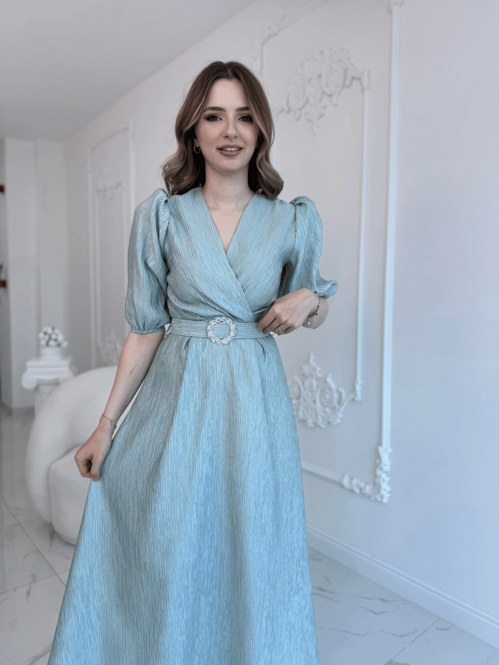 Mint Işıltılı Kemerli Kruvaze Elbise
