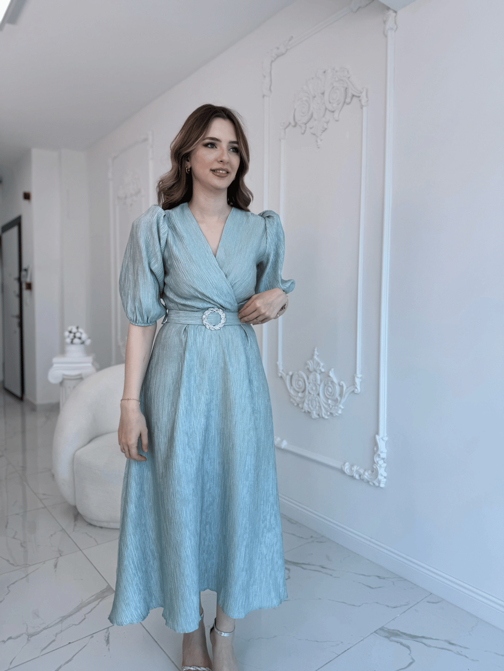 Mint Işıltılı Kemerli Kruvaze Elbise