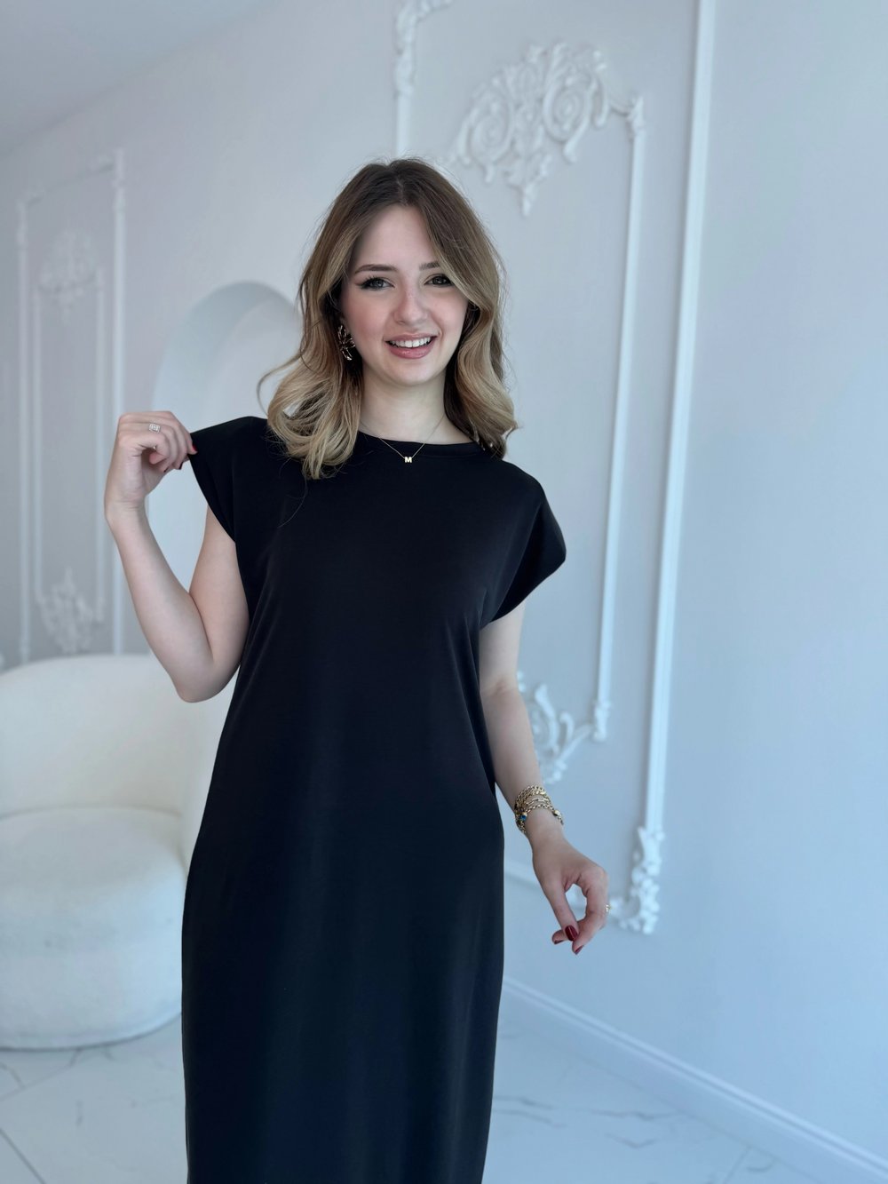Modal Kumaş Vatkalı Maxi Boy Siyah Elbise