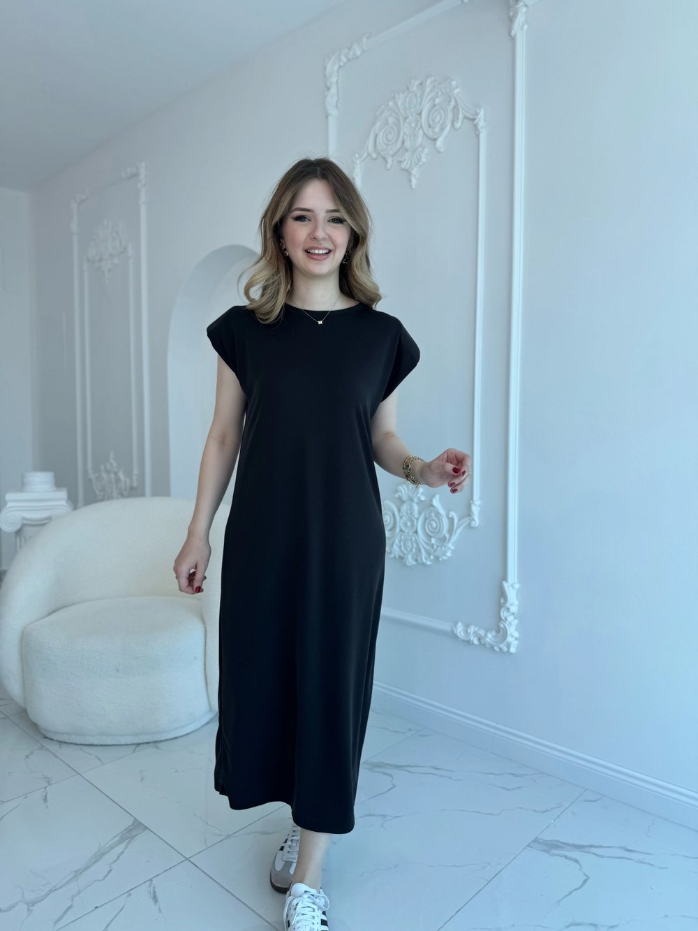 Modal Kumaş Vatkalı Maxi Boy Siyah Elbise