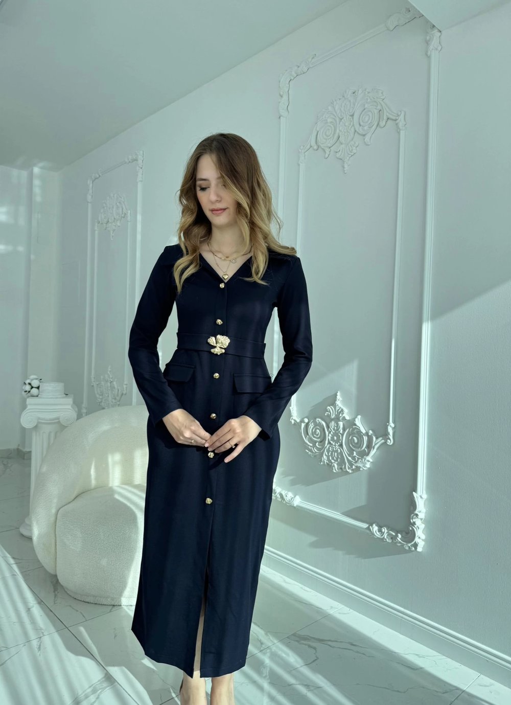 Modern Tasarım Altın Düğme Detaylı Kemerli Lacivert Elbise