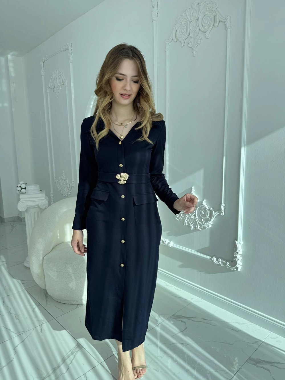 Modern Tasarım Altın Düğme Detaylı Kemerli Lacivert Elbise