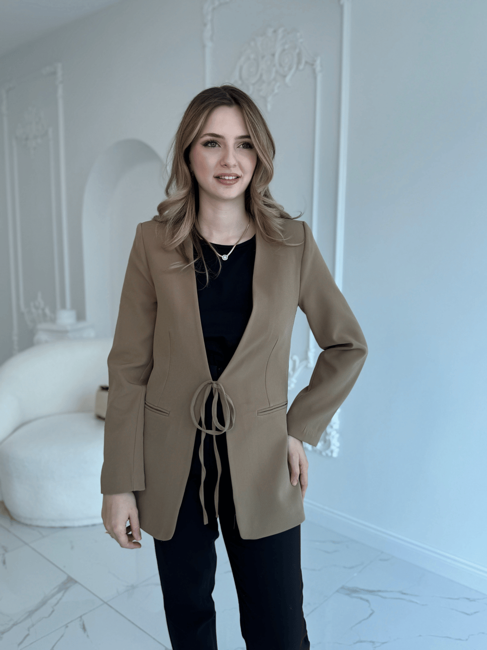 Önden bağlamalı yağ yeşili ceket
