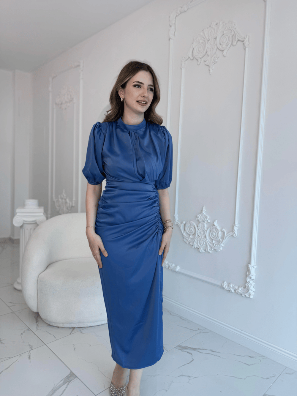 Önü Büzgülü Saten İndigo Elbise