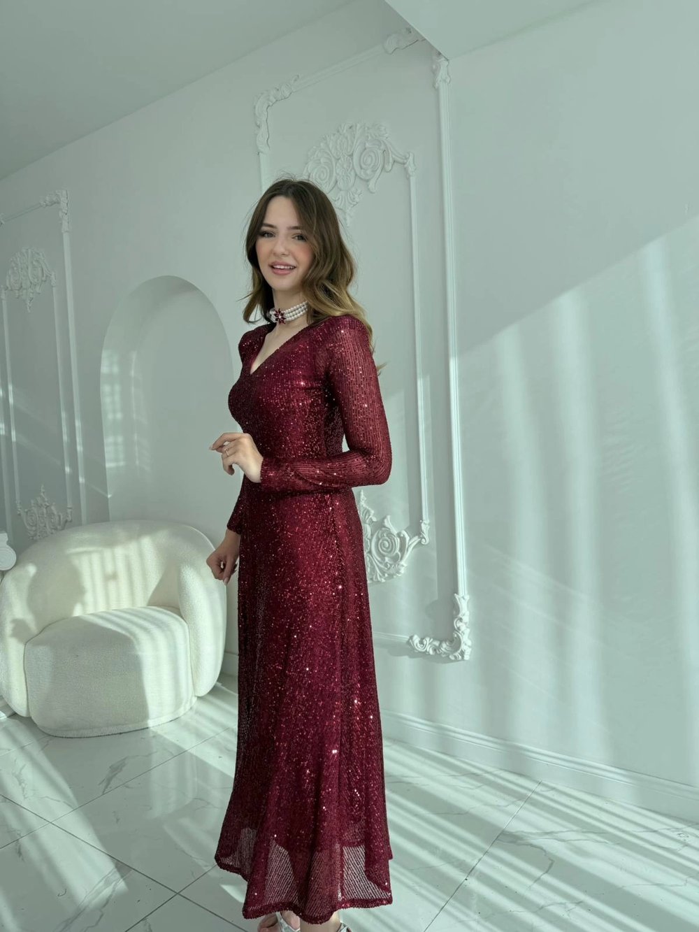 Parla Bordo Pul Parıltılı Midi Boy Elbise