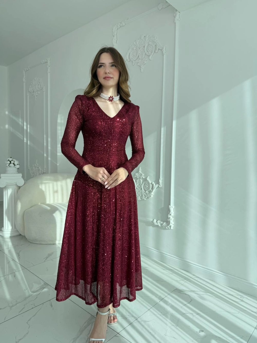 Parla Bordo Pul Parıltılı Midi Boy Elbise
