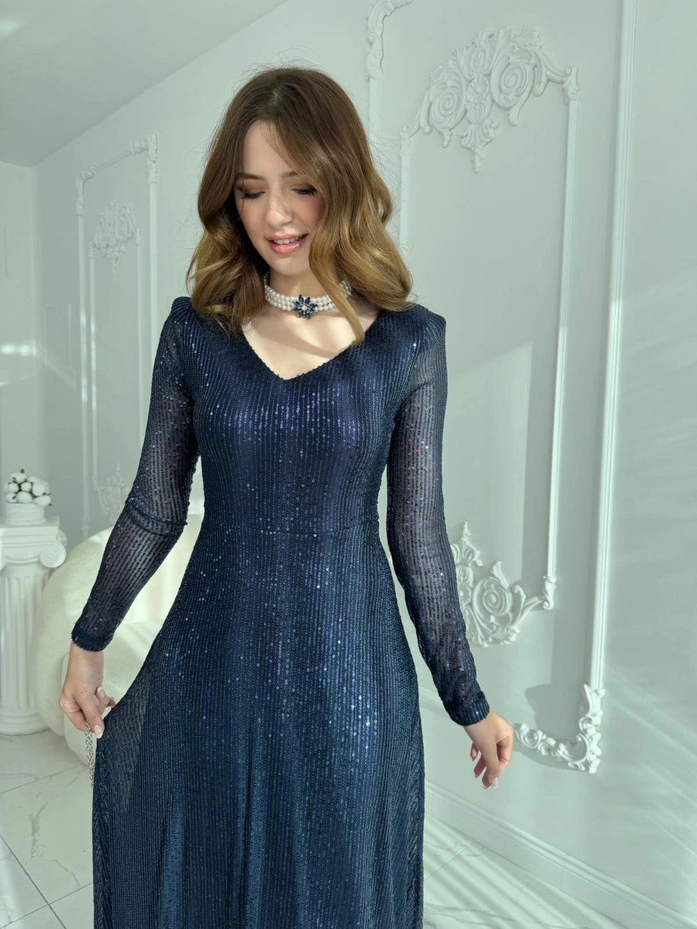 Parla Lacivert Pul Parıltılı Midi Boy Elbise