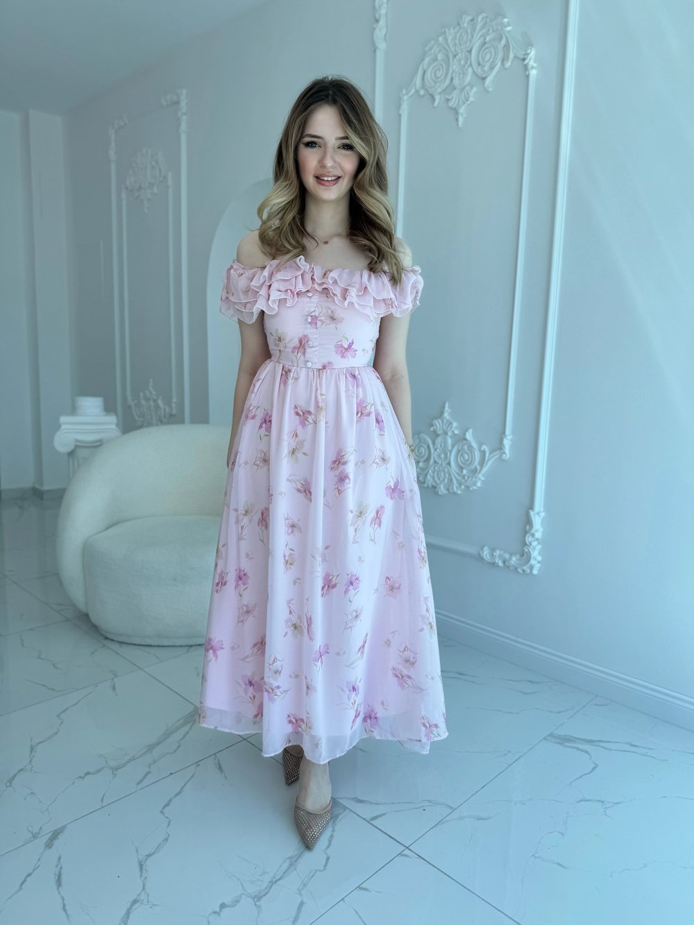 Pembe Şifon Kumaş Boyun Bağlama Detaylı Elbise