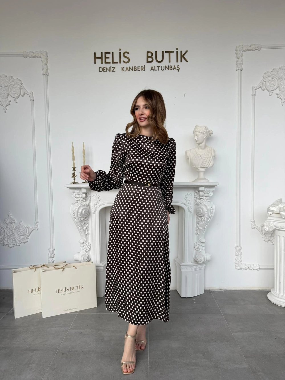 Retro Stil Kahve Saten Puantiyeli Midi Elbise