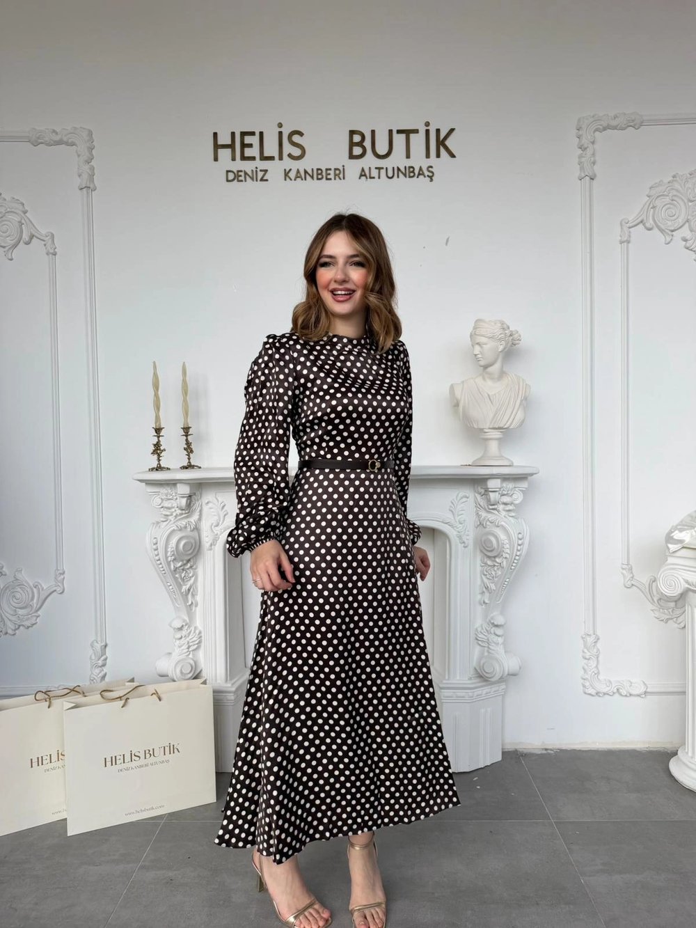 Retro Stil Kahve Saten Puantiyeli Midi Elbise