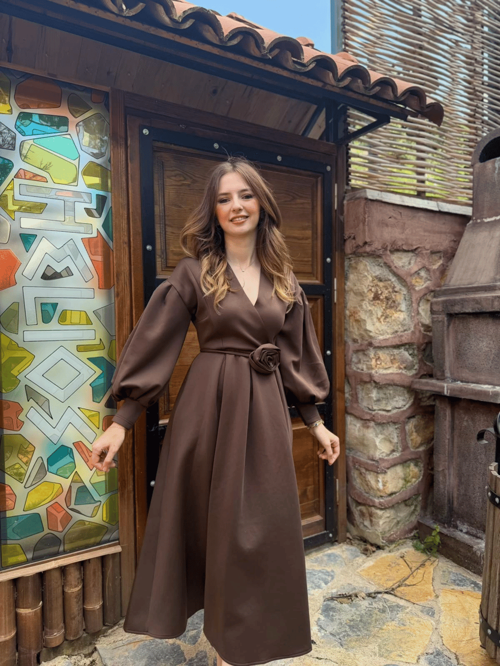 Rosa Kahve Gül Kemer Detaylı Scuba Maxi Boy Elbise