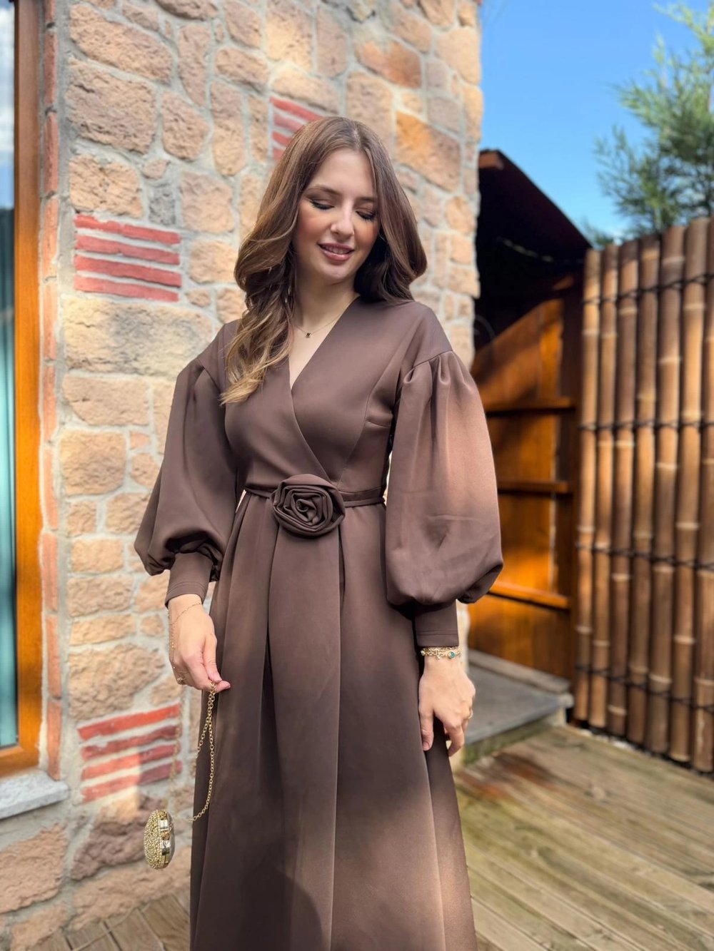 Rosa Kahve Gül Kemer Detaylı Scuba Maxi Boy Elbise