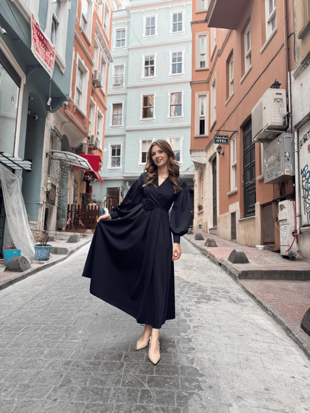 Rosa Lacivert Gül Kemer Detaylı Scuba Maxi Boy Elbise