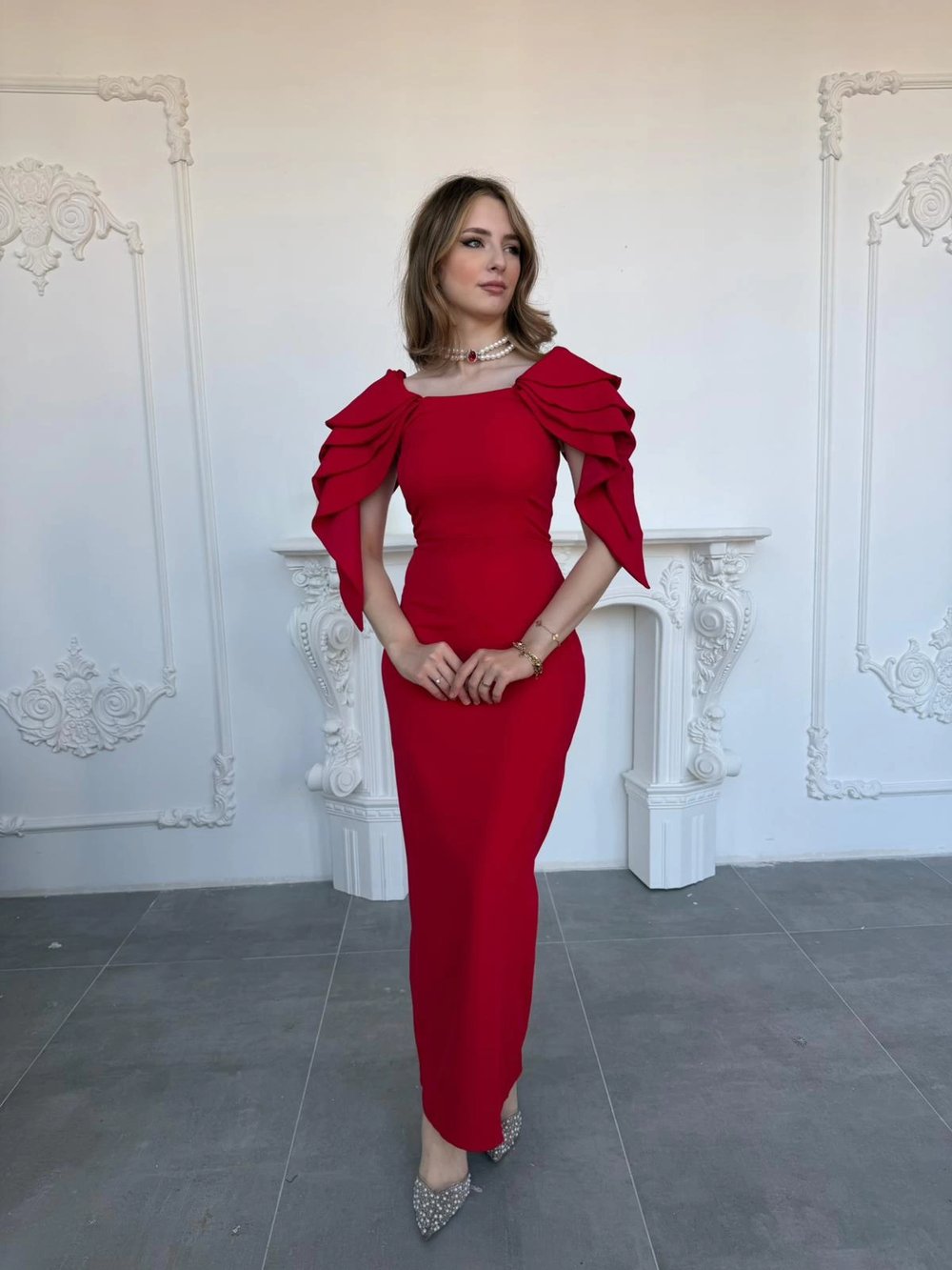 Şık Kat Detaylı Angel Model Kırmızı Elbise