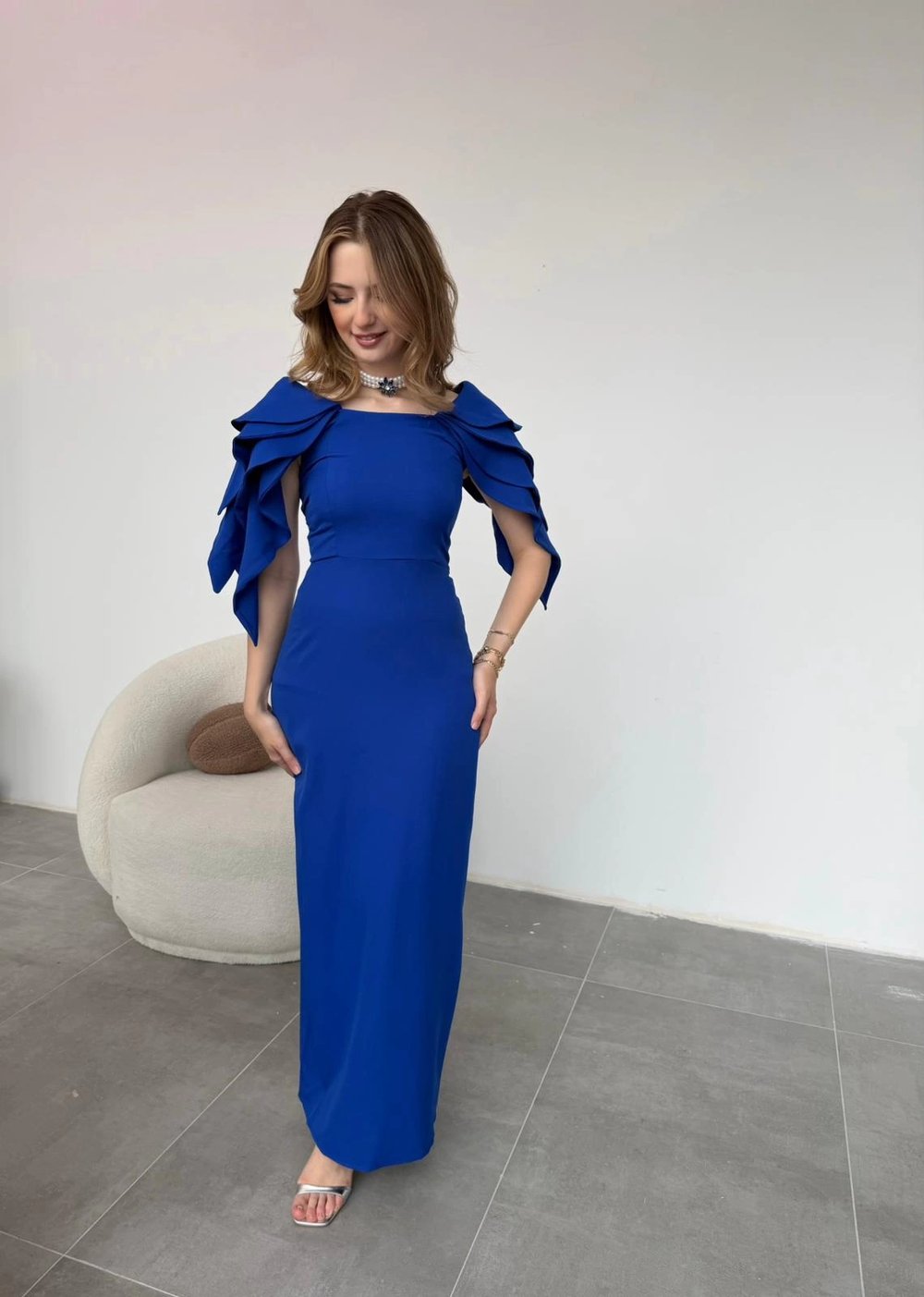 Şık Kat Detaylı Angel Model Saks Elbise