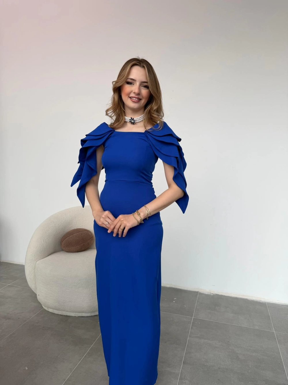Şık Kat Detaylı Angel Model Saks Elbise