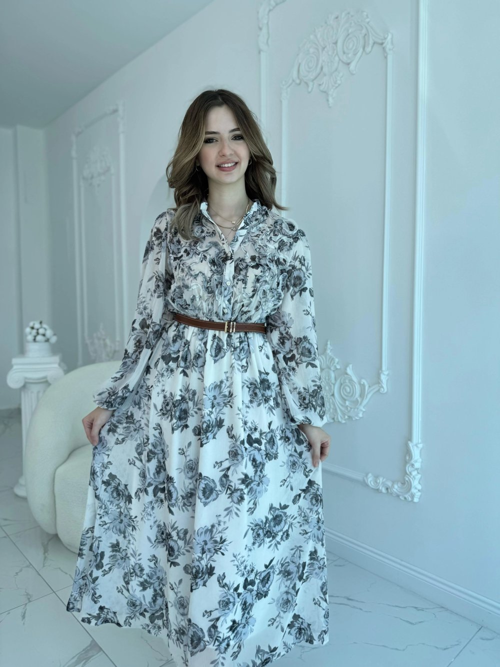 Siyah Çiçekli Kemerli Şifon Elbise