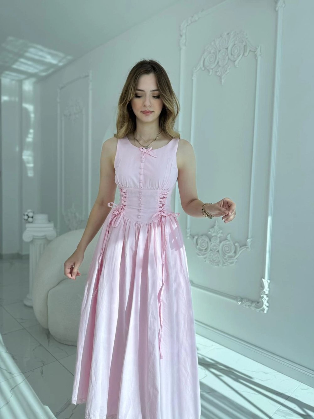Yan Bağcıklı Korse Formlu Pembe Elbise