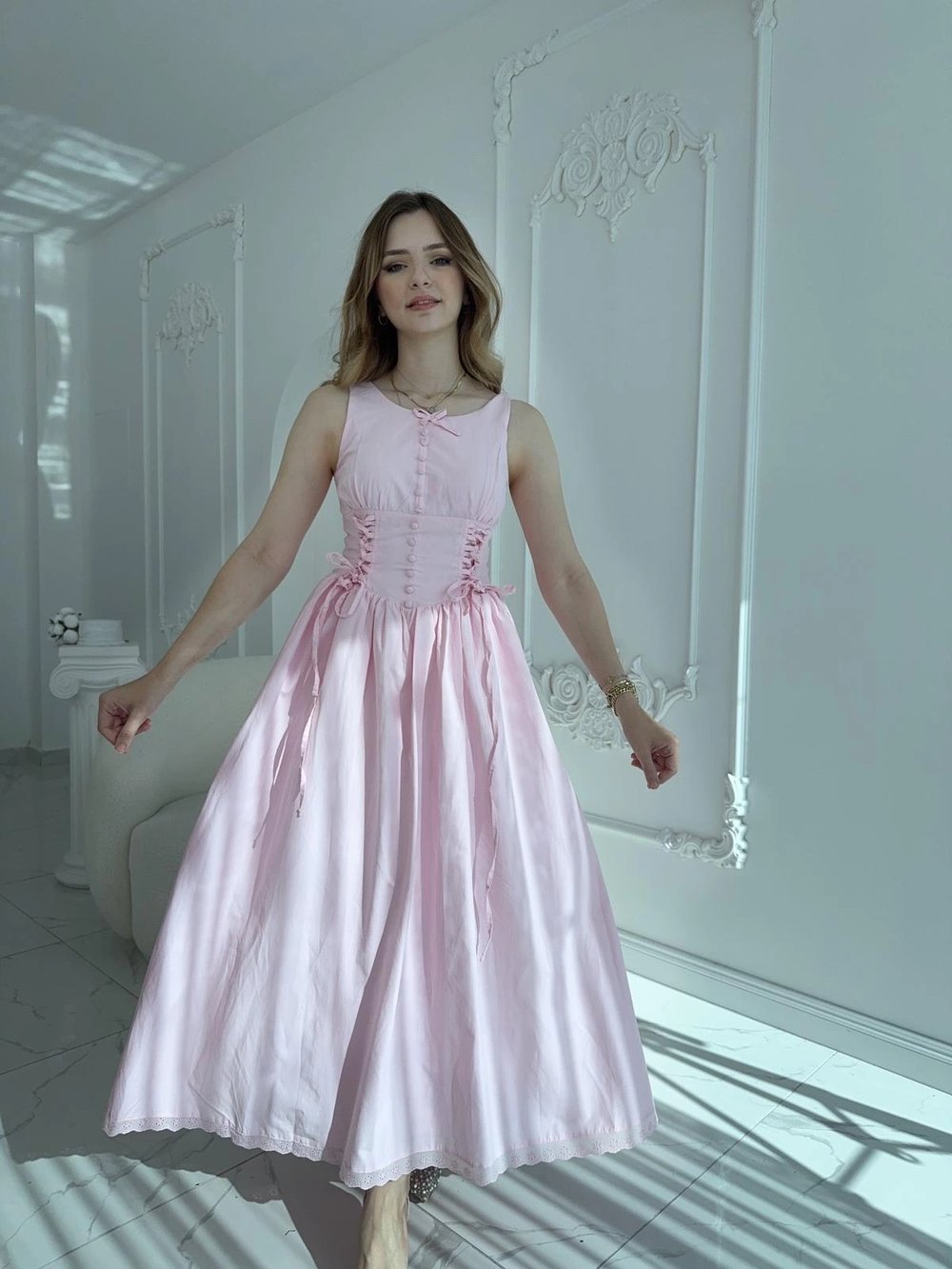 Yan Bağcıklı Korse Formlu Pembe Elbise