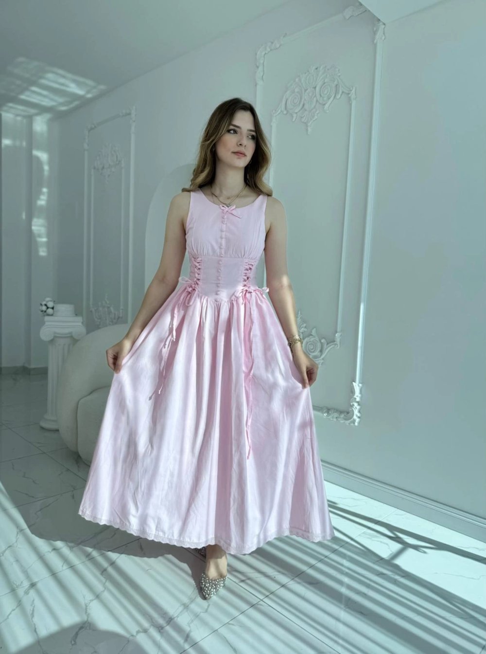Yan Bağcıklı Korse Formlu Pembe Elbise