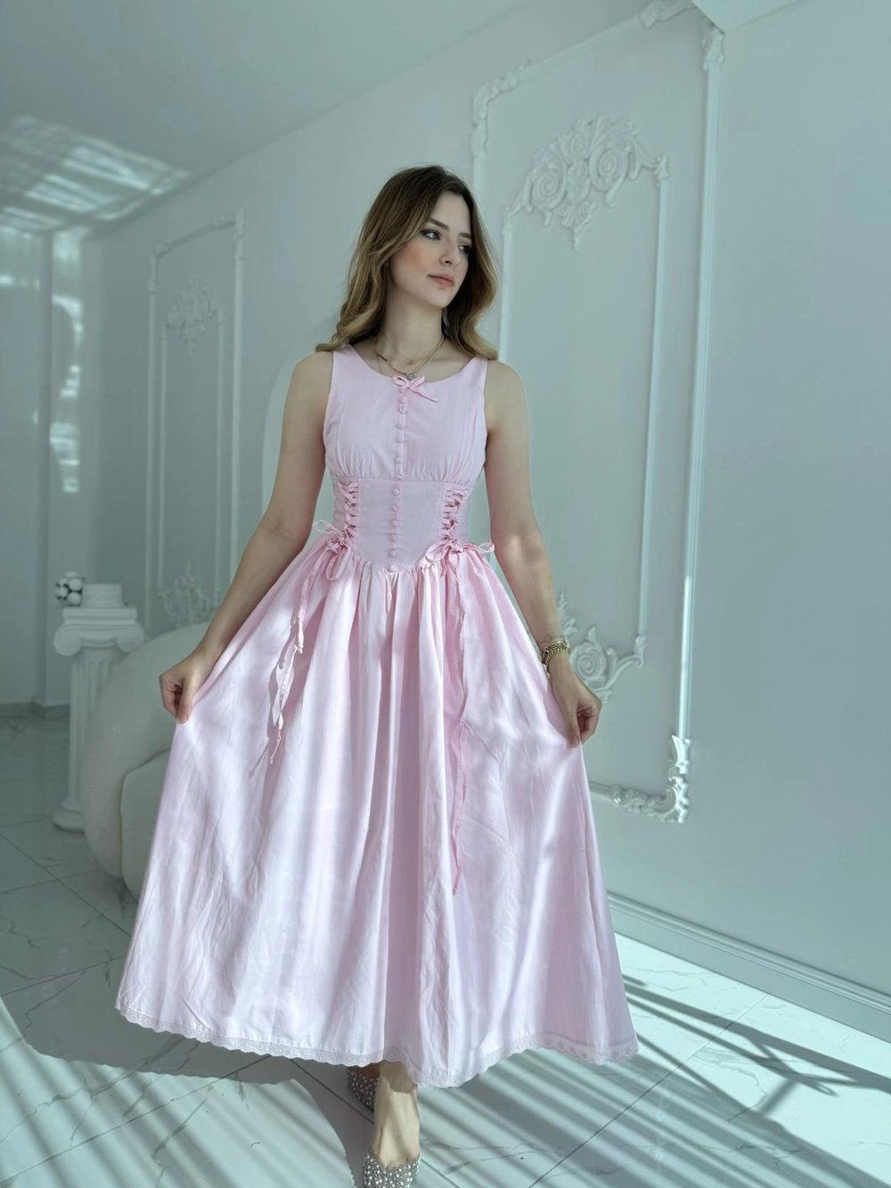 Yan Bağcıklı Korse Formlu Pembe Elbise