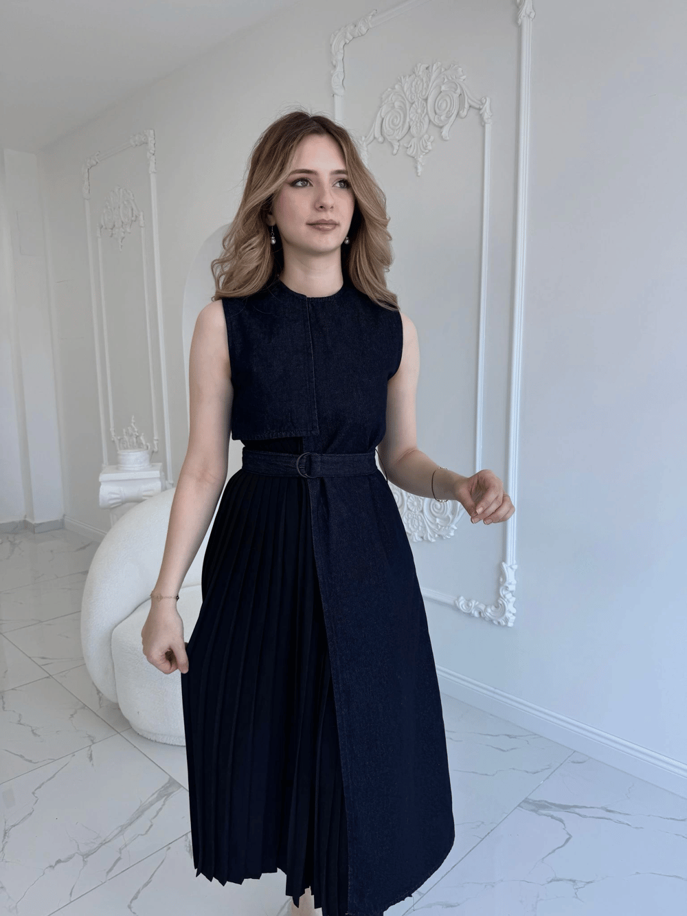 ZR Model Kot Plise Etek Detaylı Elbise