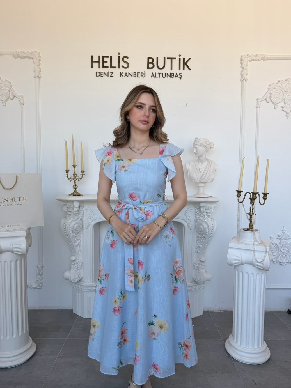 Baskılı Pamuk Keten Kare Yaka Fırfırlı Midi Elbise - Mavi