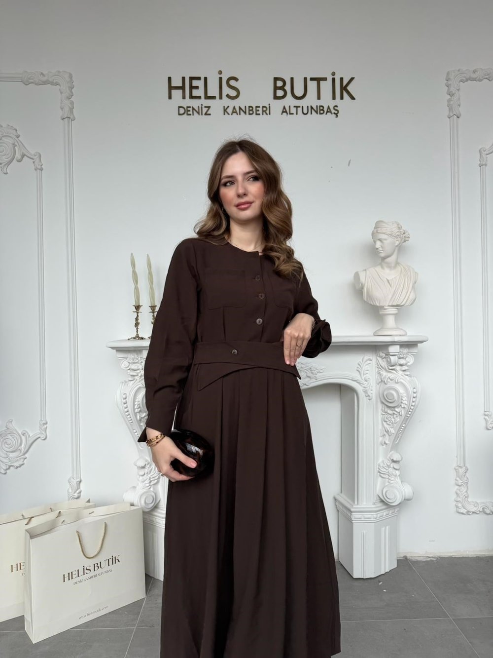 Çapraz Detay Belden Bağlamalı Gömlek Elbise - Kahve