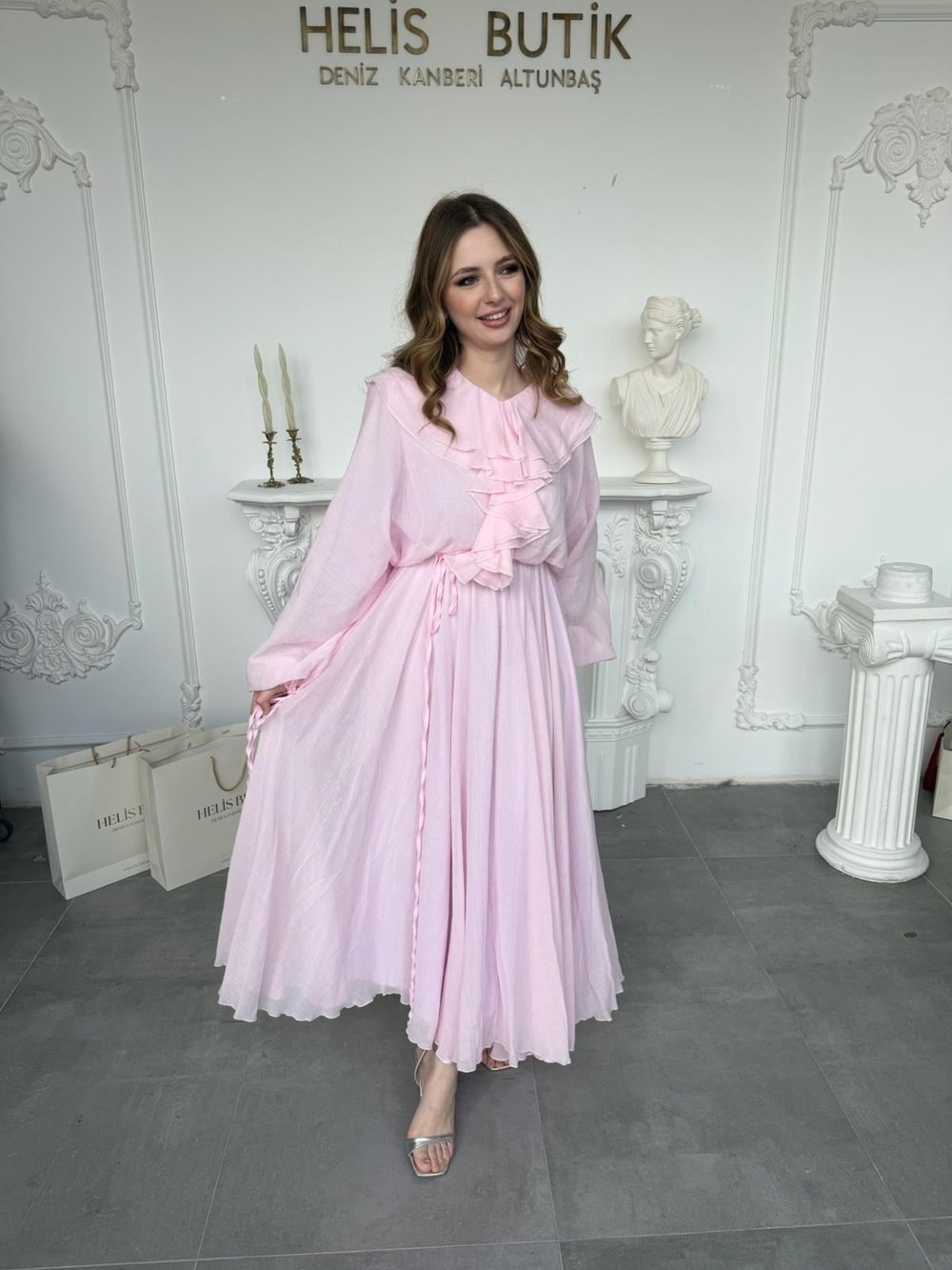 Fırfır Detaylı Pembe Maxi Boy Elbise