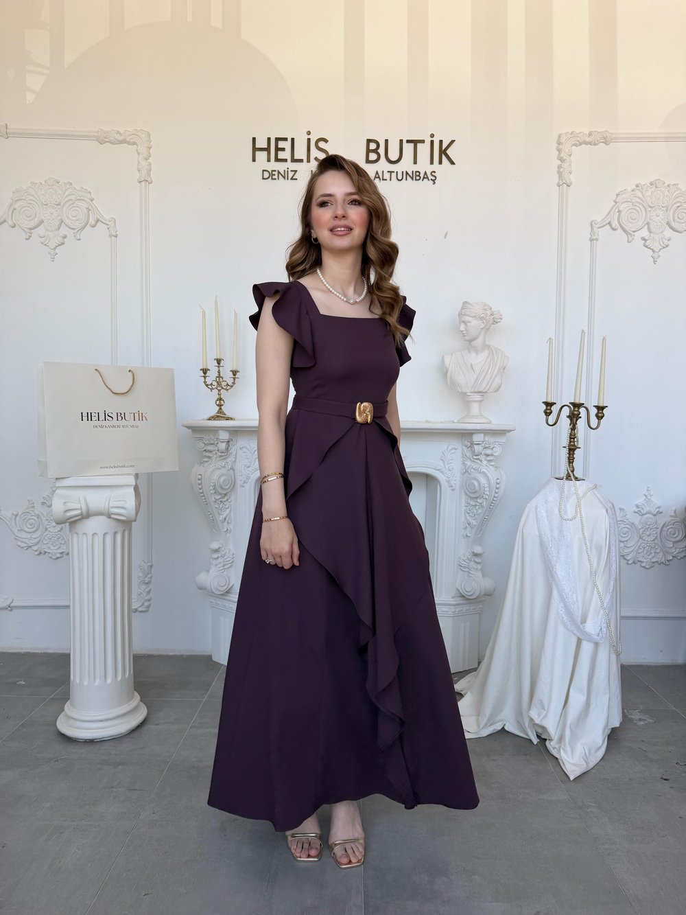 Fırfır Kollu Katlı Etek Detaylı Elbise - Mürdüm